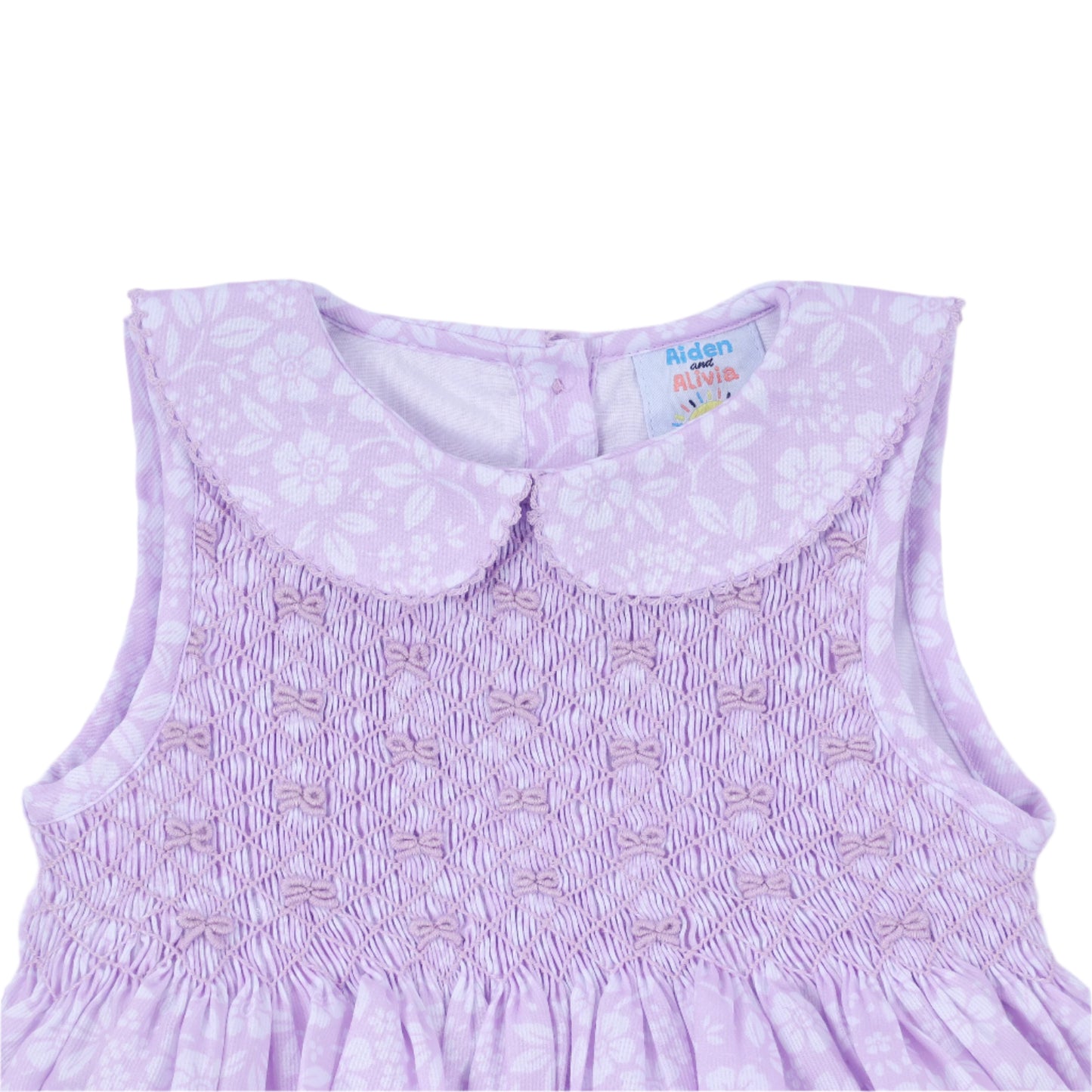 White Floral Tie Smocked Bubble, Lavender