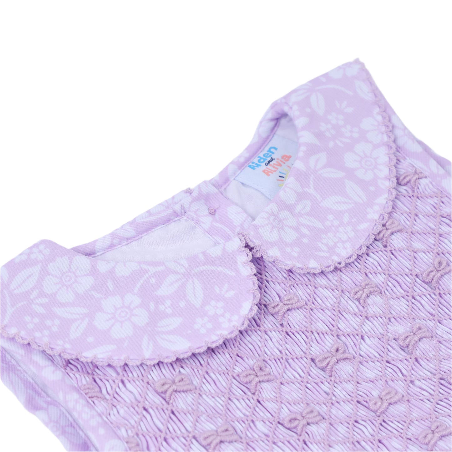 White Floral Tie Smocked Bubble, Lavender