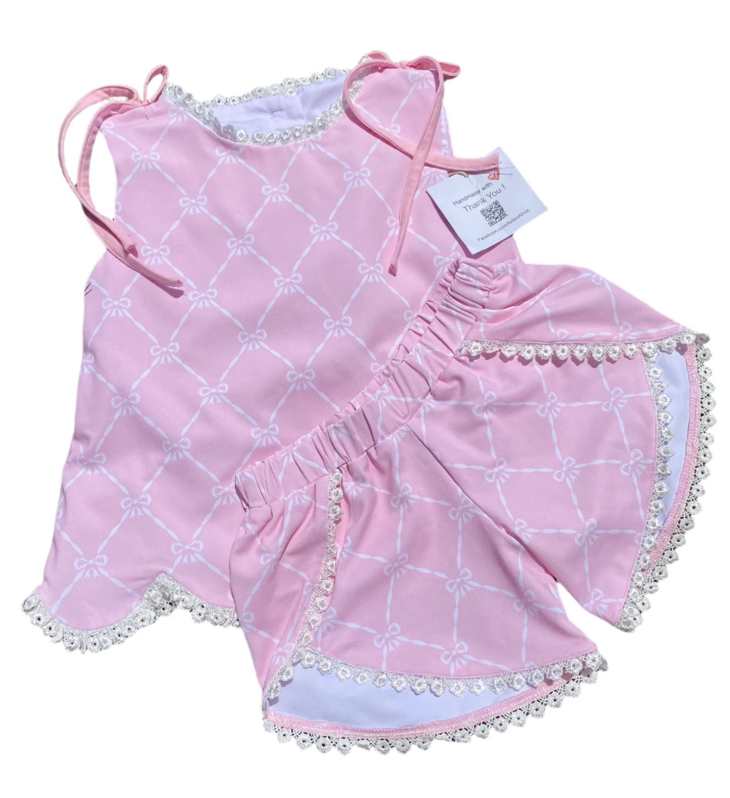 Bow Print Eyelet Trim Short Set, Pink
