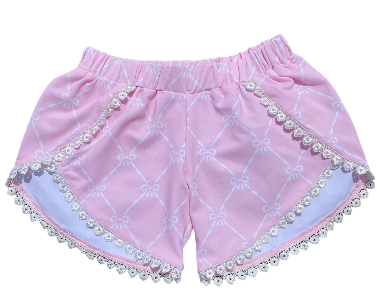 Bow Print Eyelet Trim Short Set, Pink