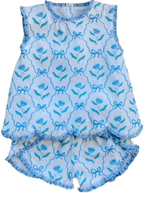 Floral Bow Print Eyelet Trim Short Set, Blue