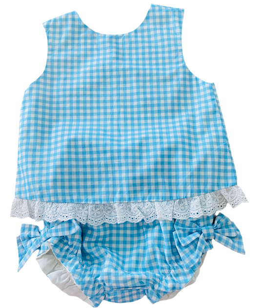 Gingham Eyelet Trim Diaper Set, Blue