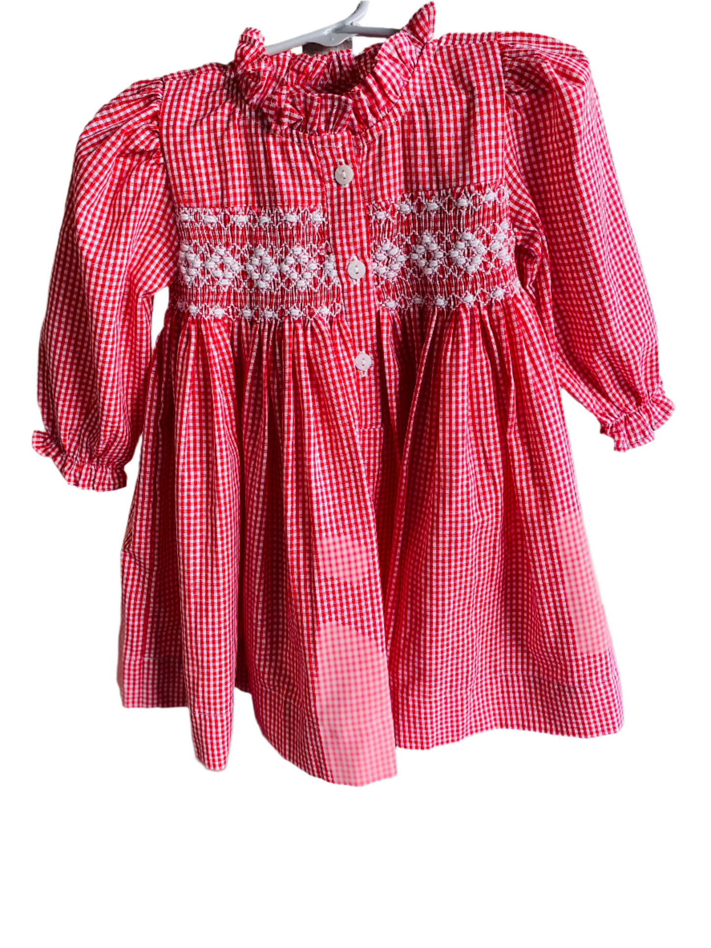 Diamond Smocked Gingham Dress, Red