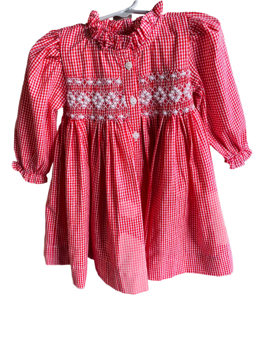 Diamond Smocked Gingham Dress, Red