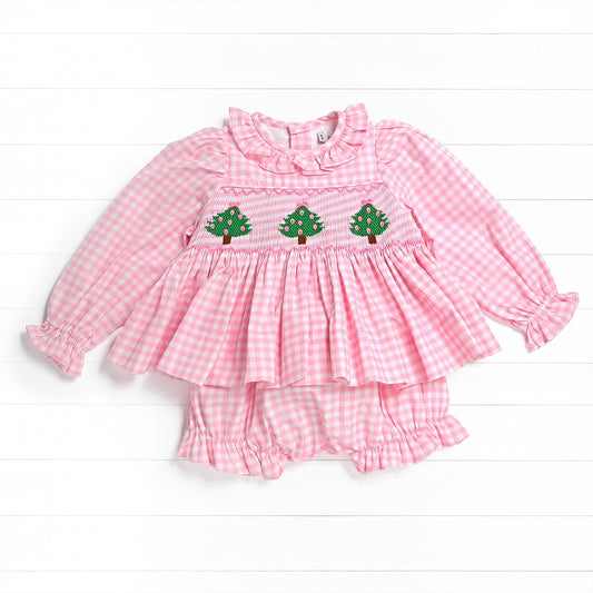 Christmas Tree Smock Bow Diaper Set, Pink