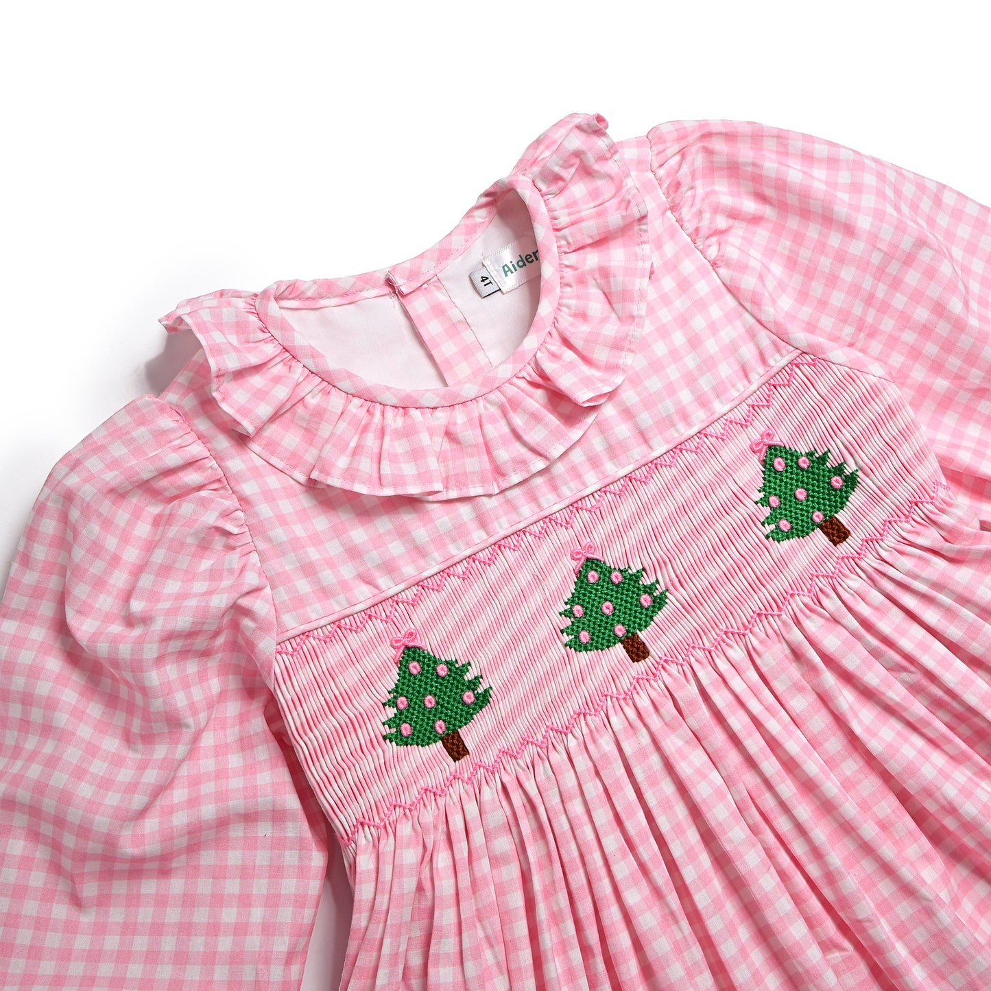Christmas Tree Bow Smock Dress, Pink