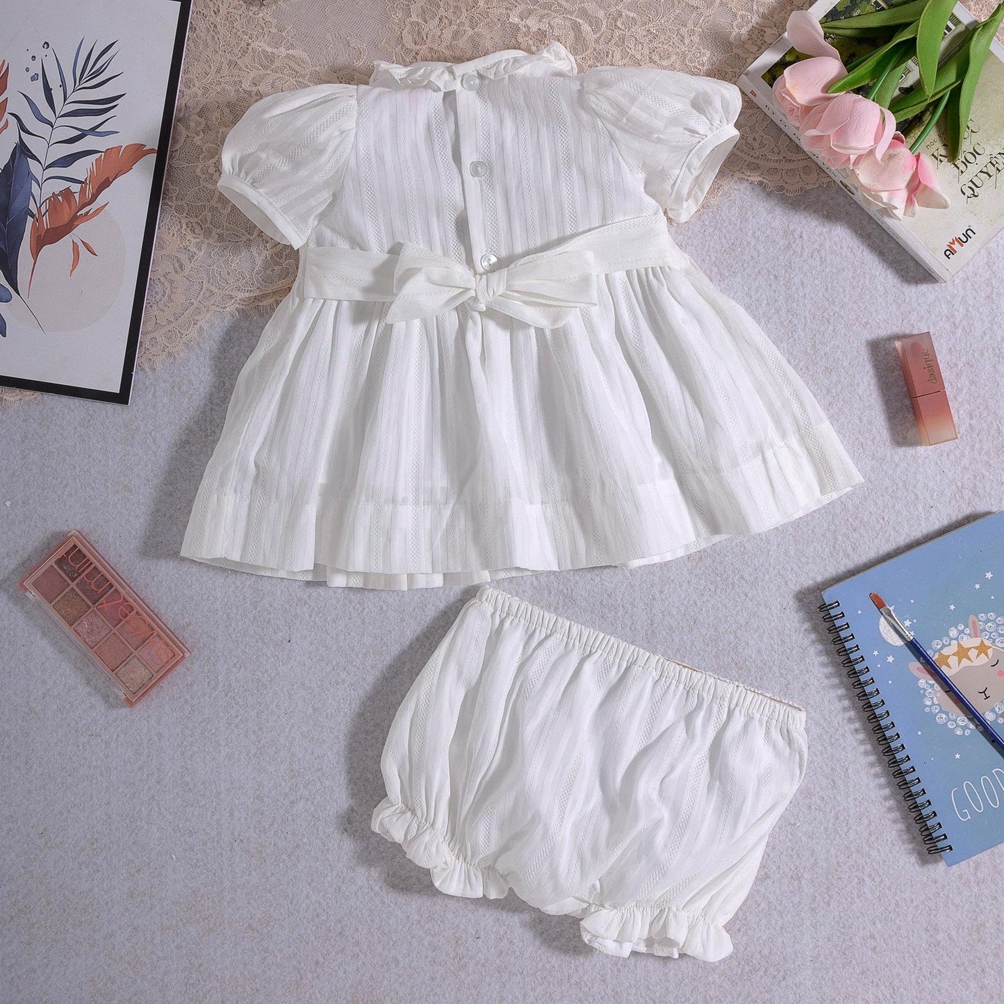 Rose Smock Diaper Set, White