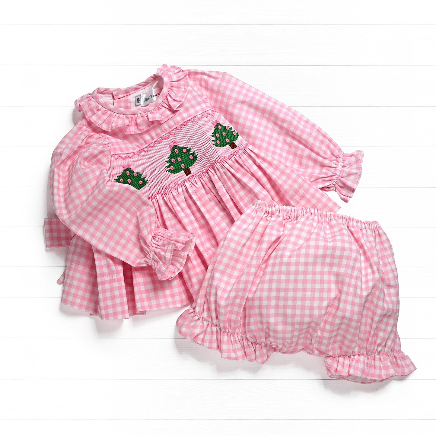 Christmas Tree Smock Bow Diaper Set, Pink