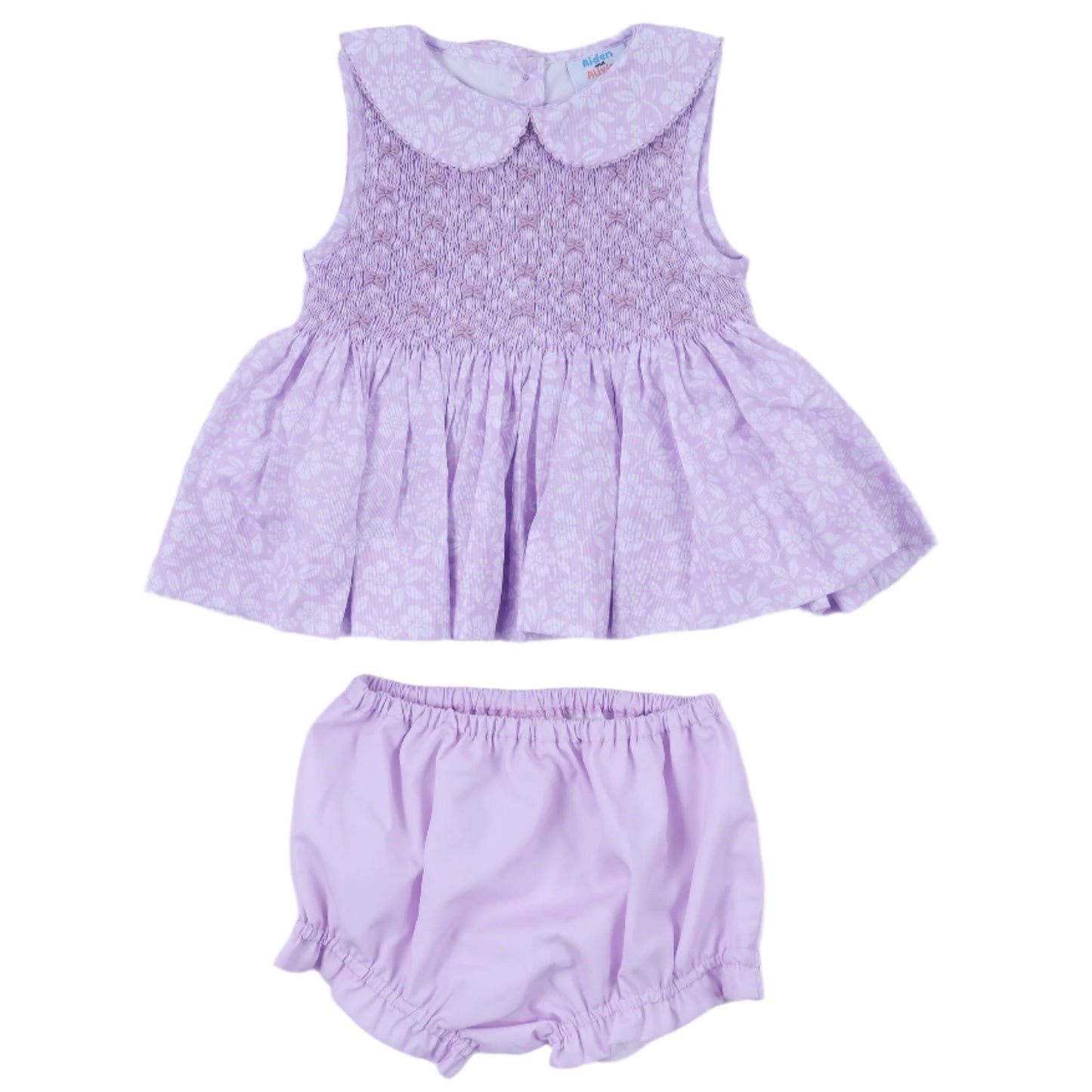 White Floral Tie Smocked Diaper Set, Lavender