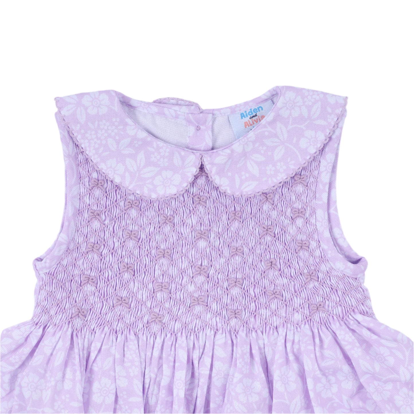 White Floral Tie Smocked Diaper Set, Lavender