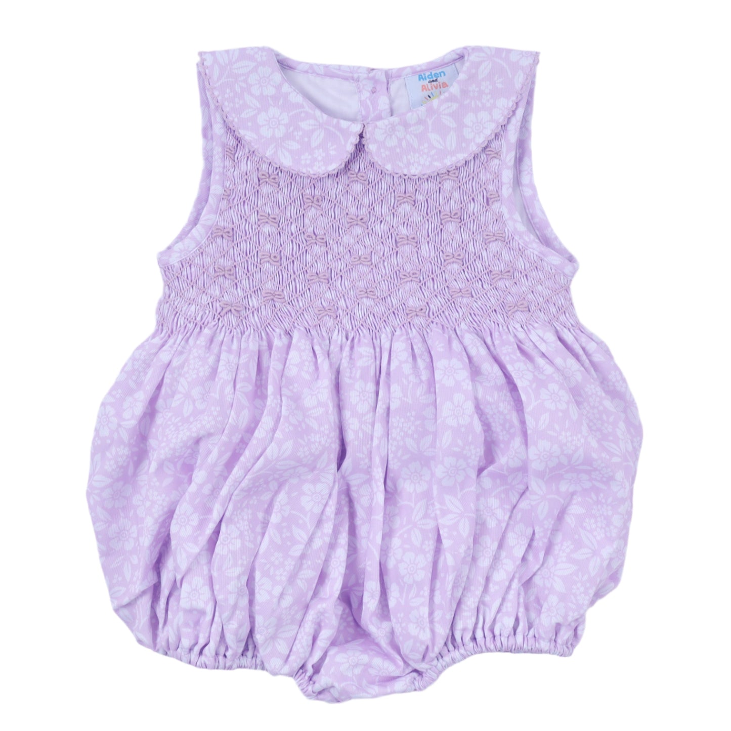 White Floral Tie Smocked Bubble, Lavender