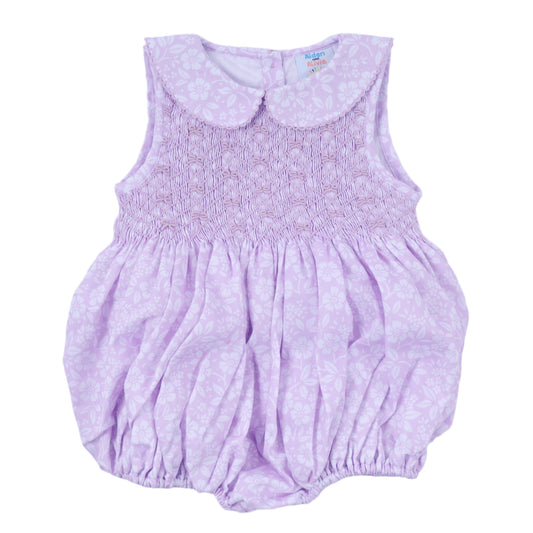 White Floral Tie Smocked Bubble, Lavender