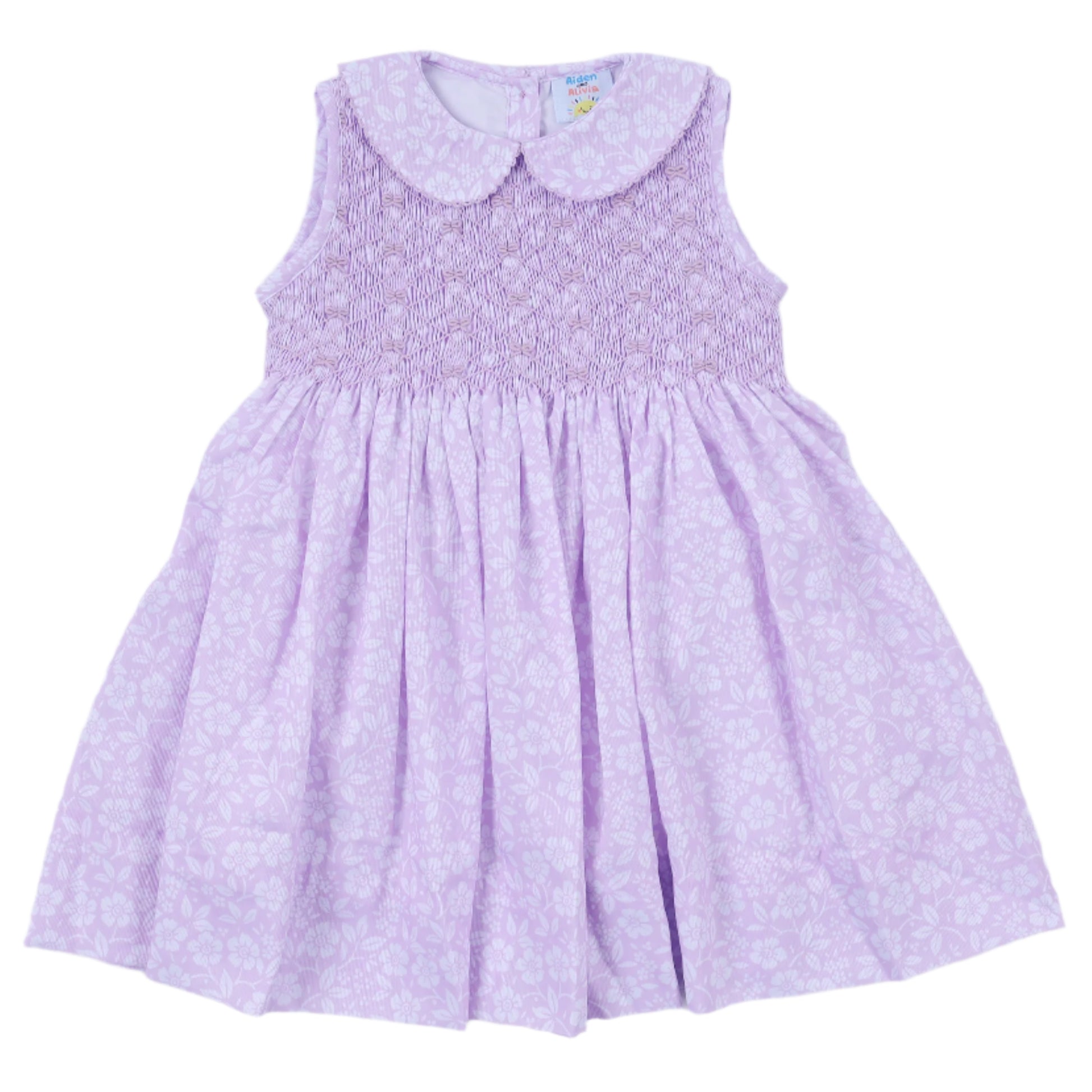 White Floral Tie Smocked Dress, Lavender Aiden and Alivia Shop White Floral Tie Smocked Dress, Lavender Aiden and Alivia Shop