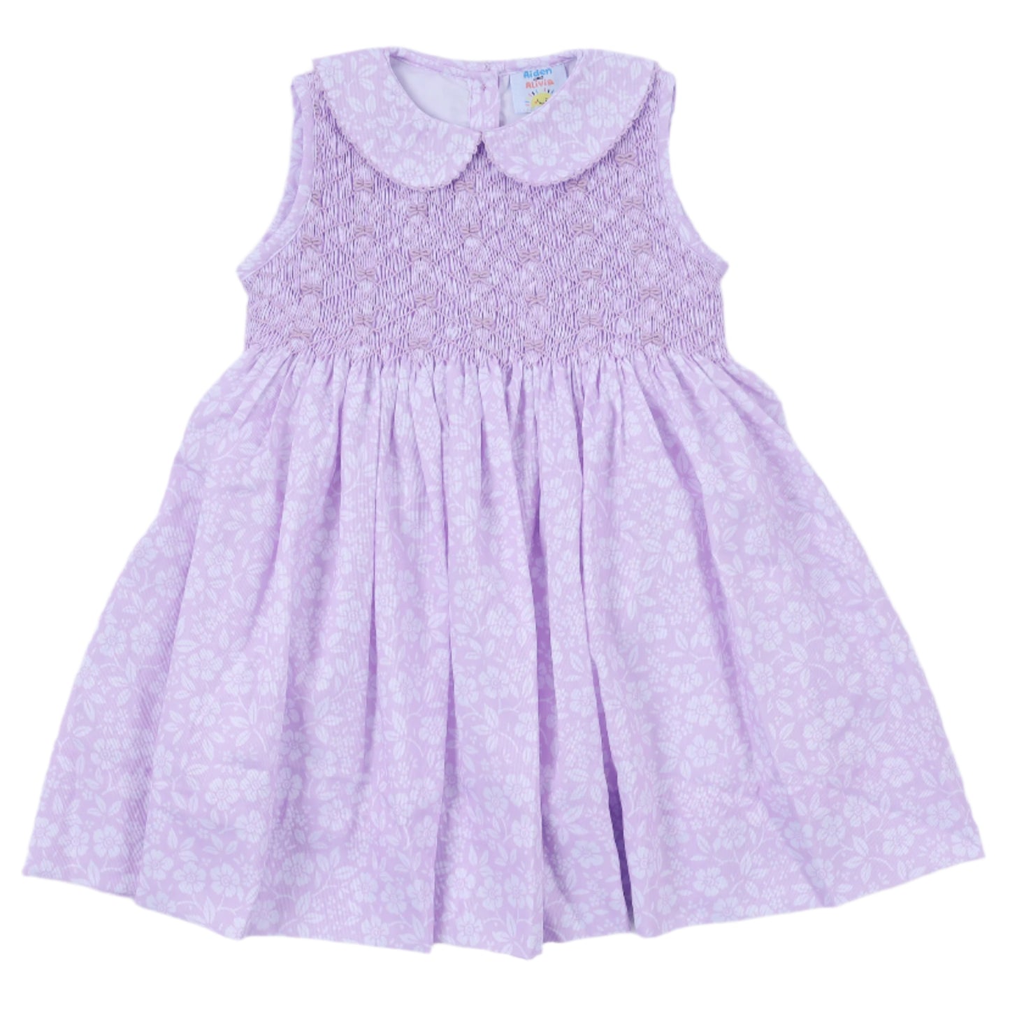White Floral Tie Smocked Dress, Lavender
