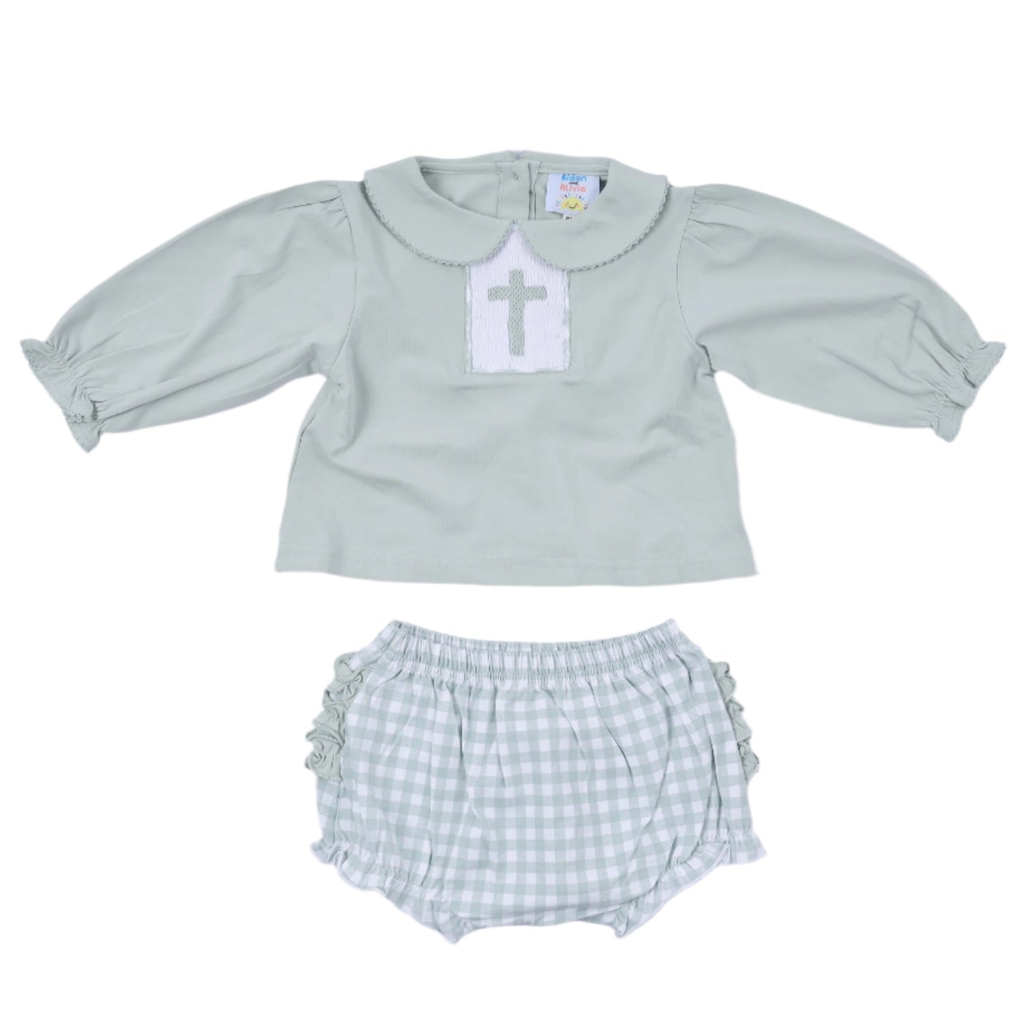 Cross Smocked Diaper Set, Sage