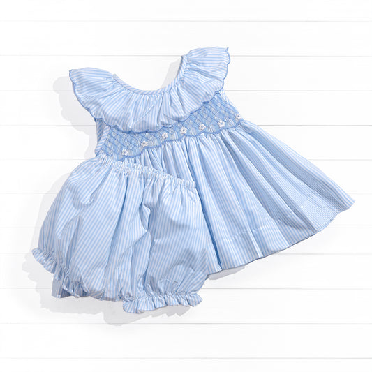 Floral Smock Pinstripe Diaper Set, Blue