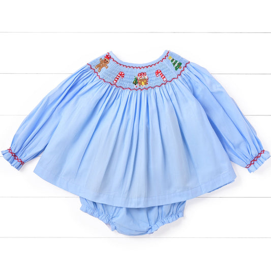 Gingerbread House Smocked Diaper Set, Blue