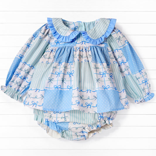 Bow Polka Dot Long Sleeve Diaper Set, Blue/White