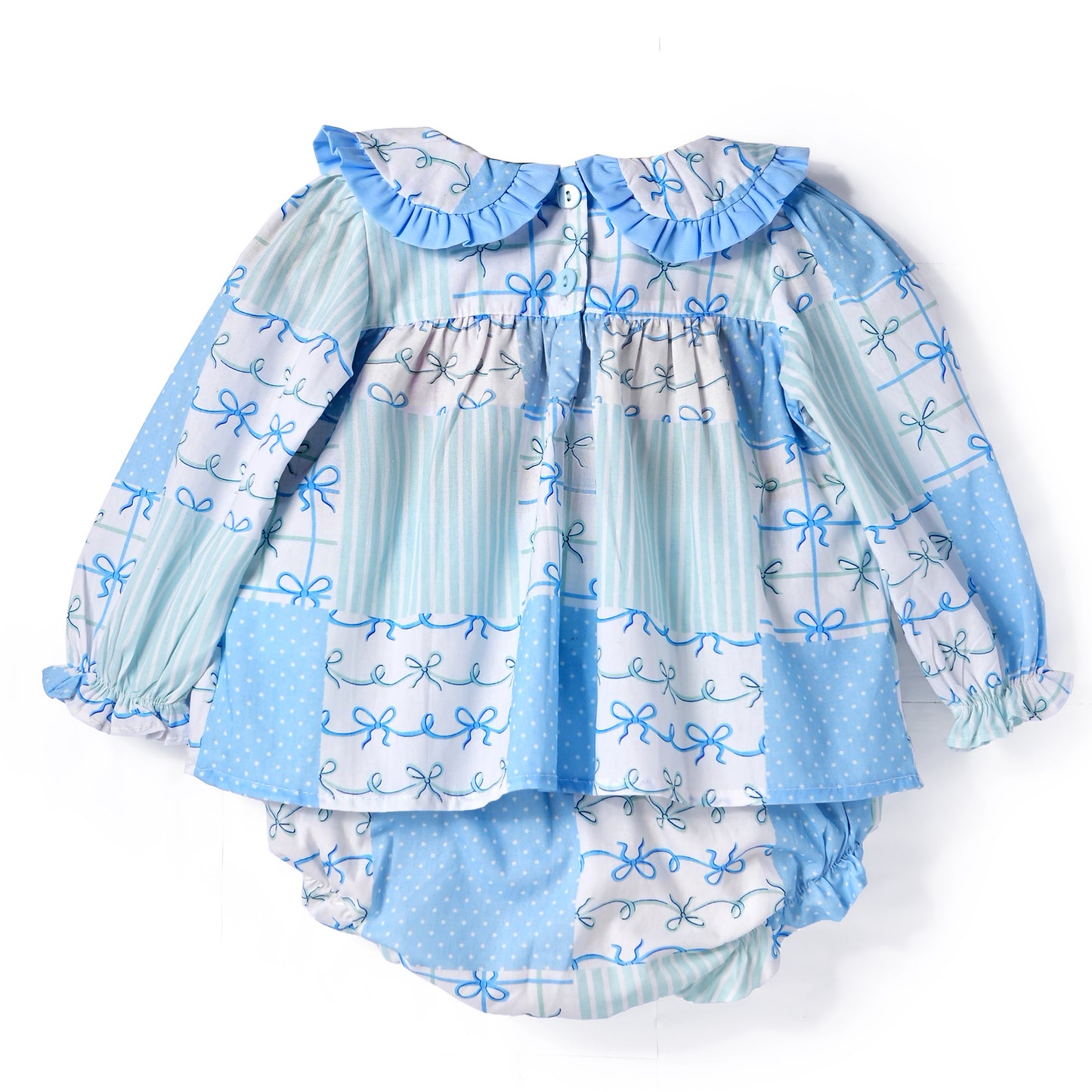 Bow Polka Dot Long Sleeve Diaper Set, Blue/White