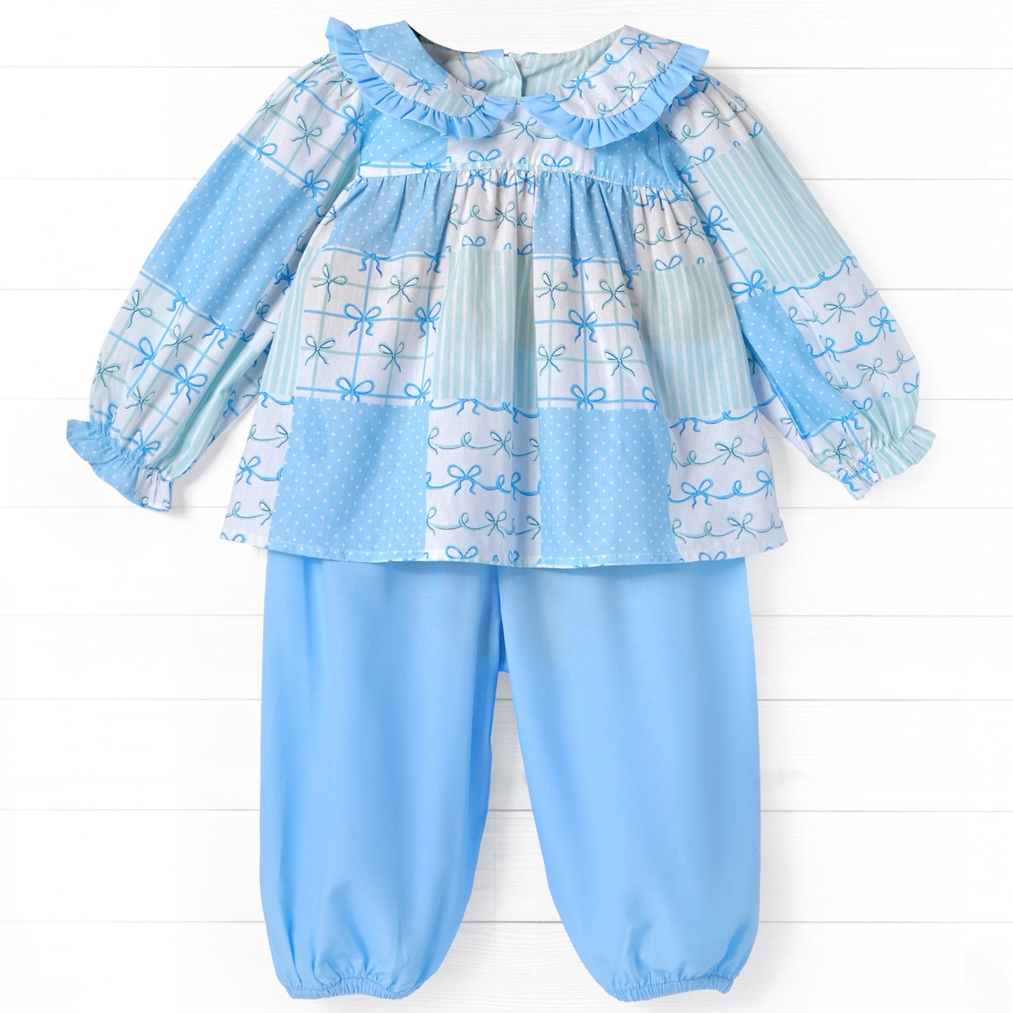 Bow Polka Dot Long Sleeve Pant, Blue/White