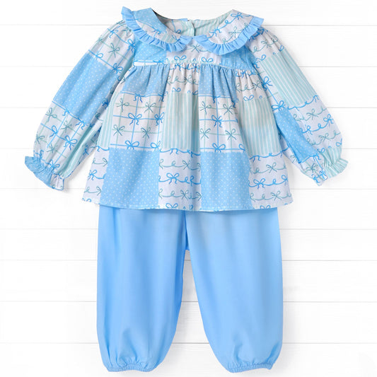 Bow Polka Dot Long Sleeve Pant, Blue/White