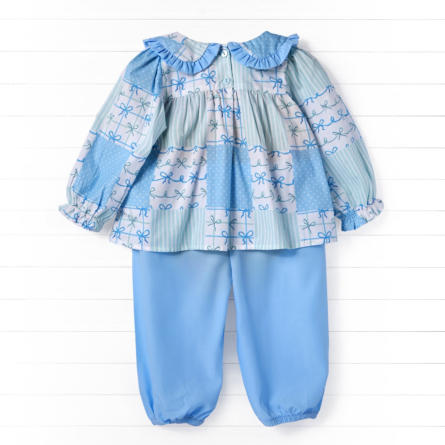 Bow Polka Dot Long Sleeve Pant, Blue/White