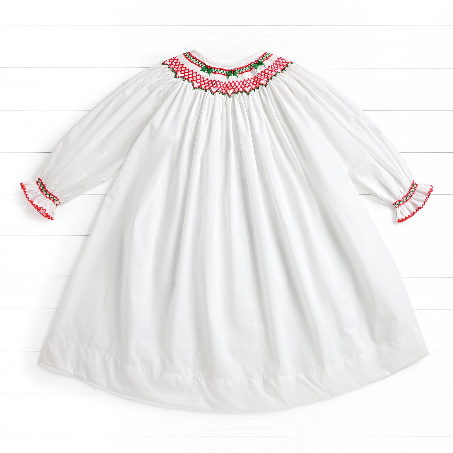Christmas Tree Bow Smock Dress, White