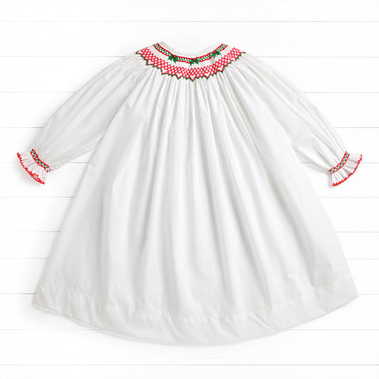 Christmas Tree Bow Smock Dress, White