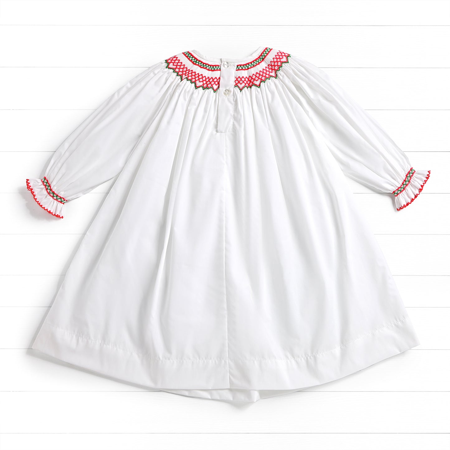 Christmas Tree Bow Smock Dress, White