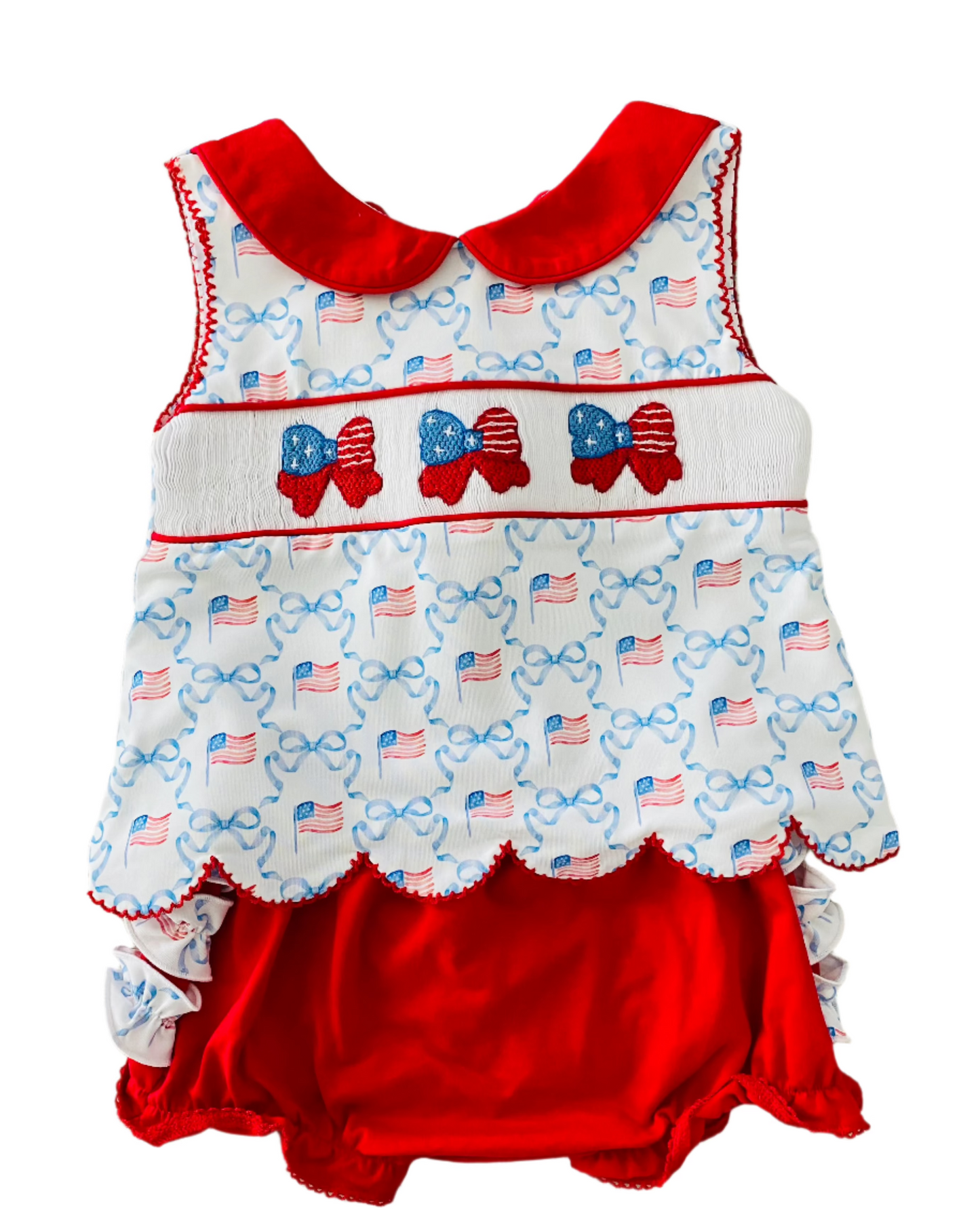 (NEW) Patriotic Flag Bow Smocked Diaper Set
