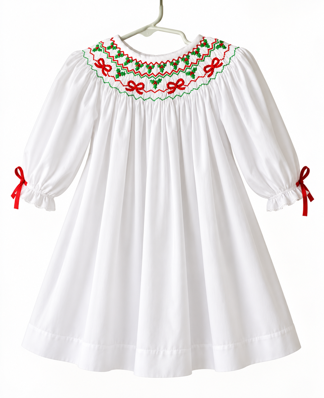 Holly Berry Ribbon Smocked Dress, White