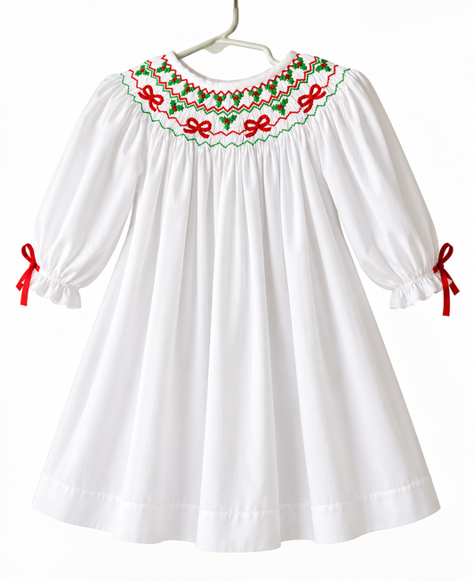 Holly Berry Ribbon Smocked Dress, White