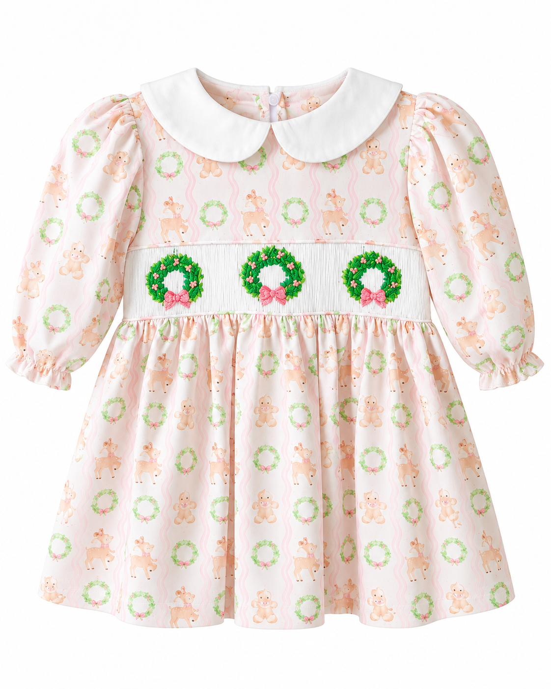 Triple Wreath Pink Bow Smocked Dress