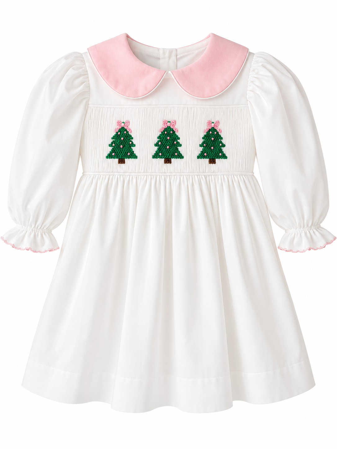Triple Christmas Tree Smocked Dress, White