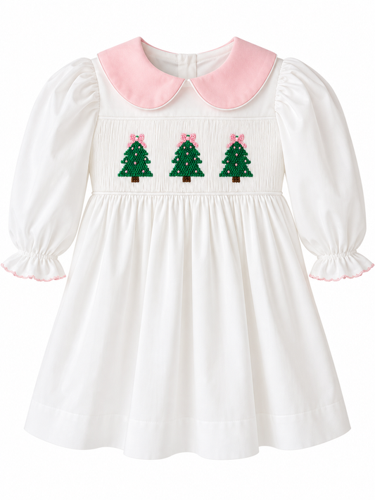 Triple Christmas Tree Smocked Dress, White