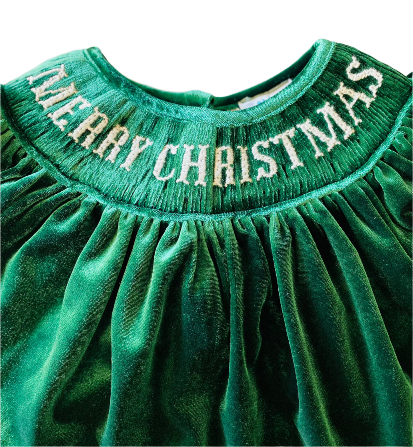 Merry Christmas Smocked Velvet Dress, Green