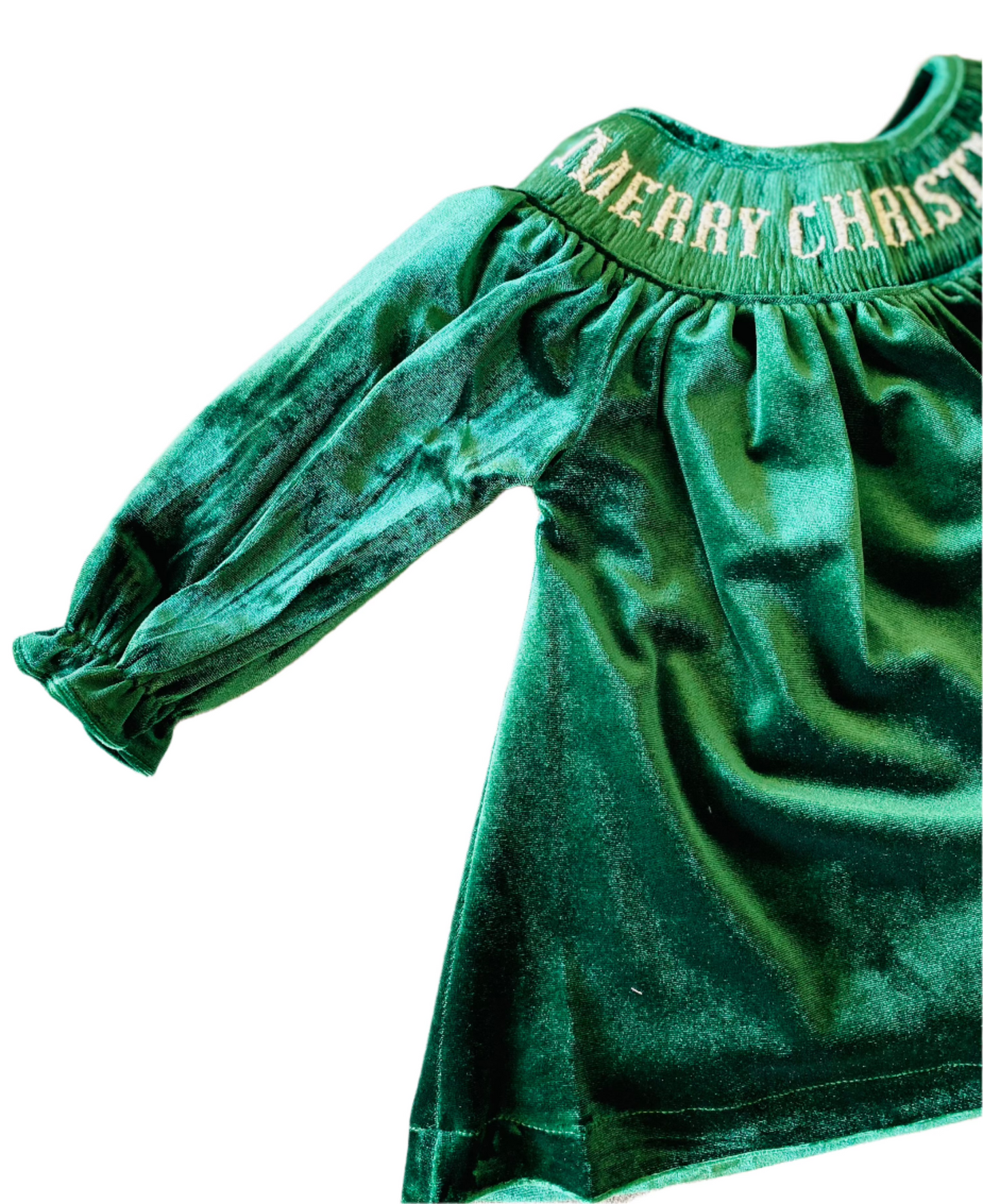Merry Christmas Smocked Velvet Dress, Green