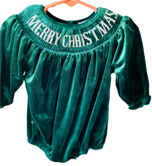 Merry Christmas Smocked Velvet Dress, Green