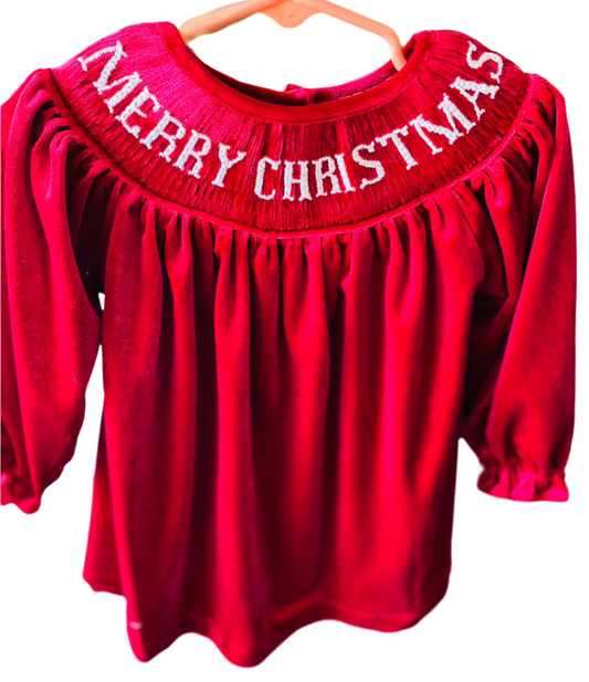 Merry Christmas Smocked Velvet Dress, Red
