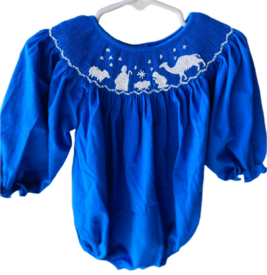 Nativity Smocked Long Sleeve Bubble, Blue