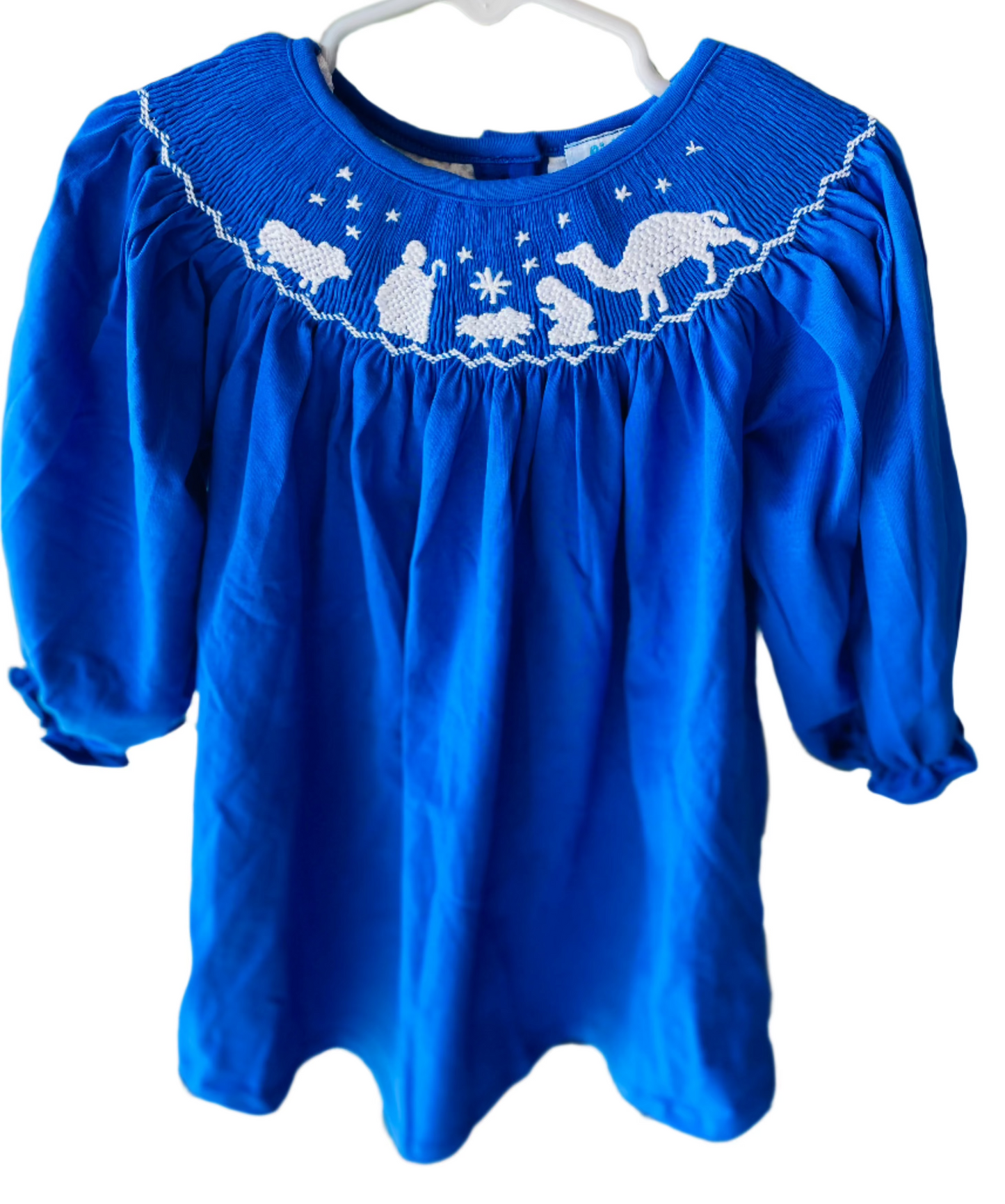Nativity Smocked Long Sleeve Dress, Blue