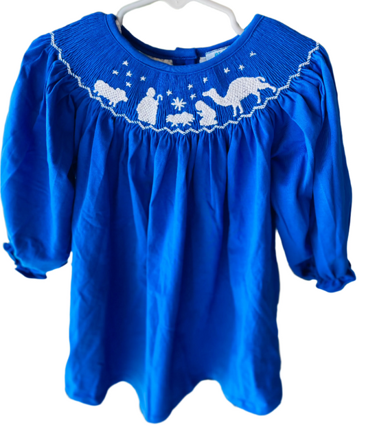 Nativity Smocked Long Sleeve Dress, Blue