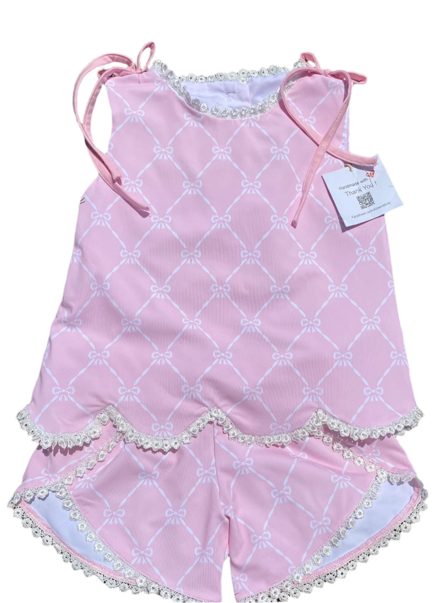 Bow Print Eyelet Trim Short Set, Pink
