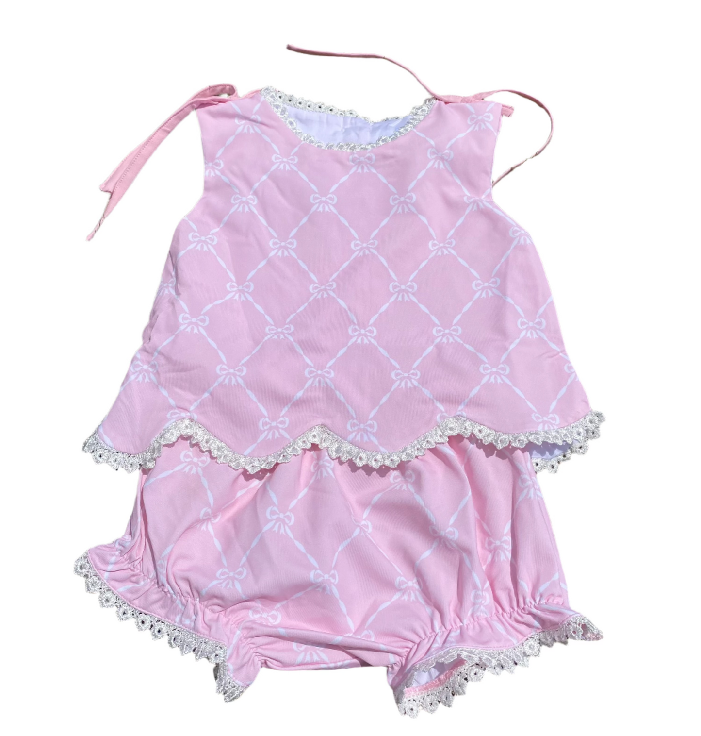 Bow Print Eyelet Trim Diaper Set, Pink