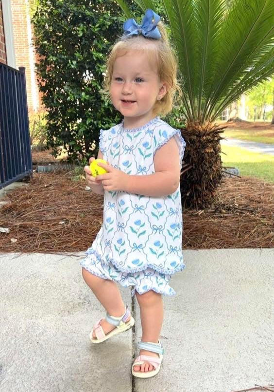 Floral Bow Print Eyelet Trim Diaper Set, Blue