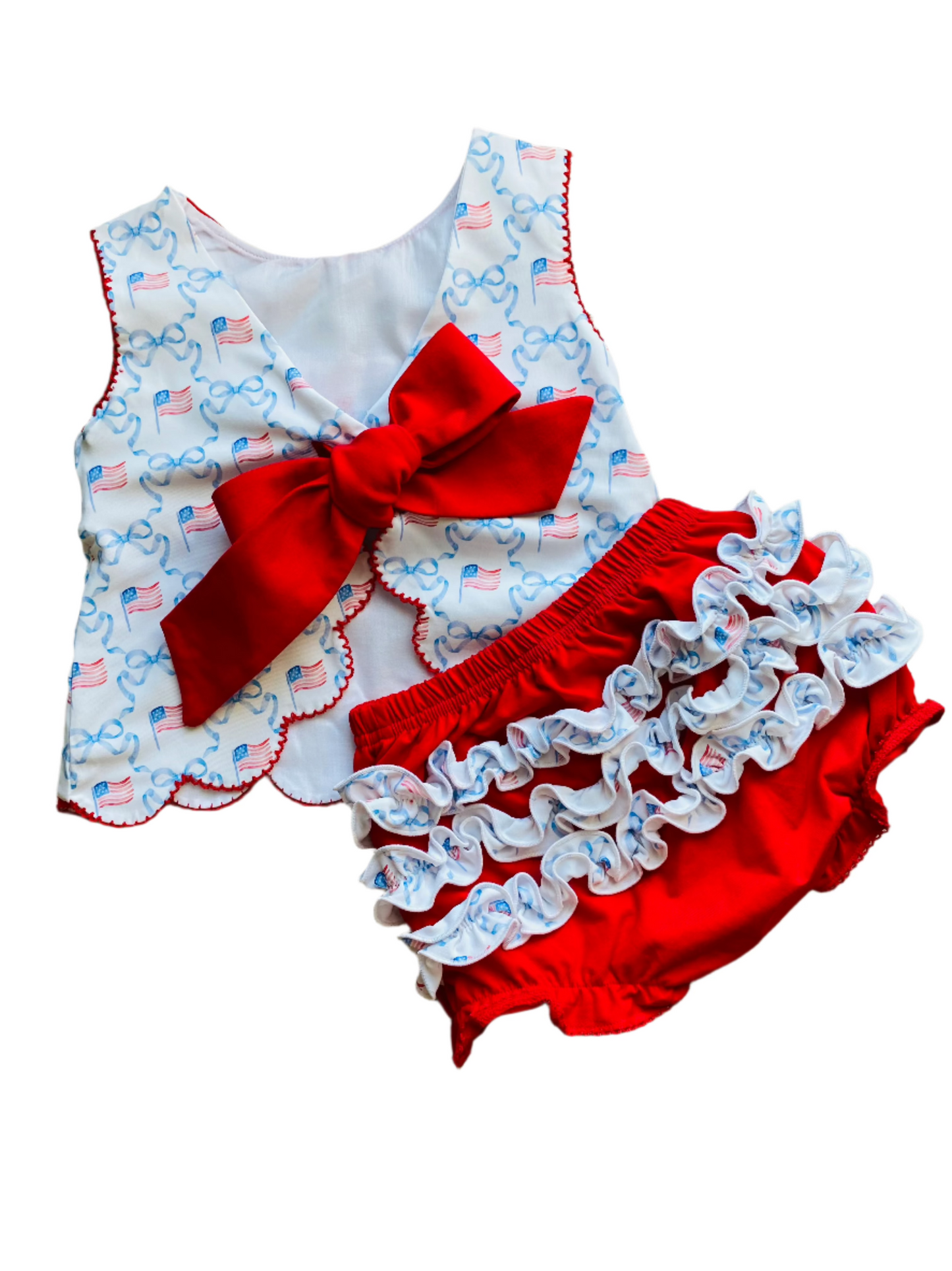 (NEW) Patriotic Flag Bow Smocked Diaper Set