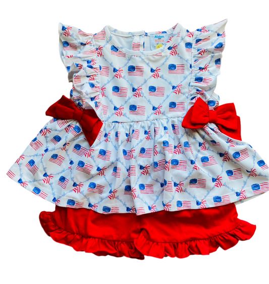 (NEW) Flag Bow Side Tie Short Set