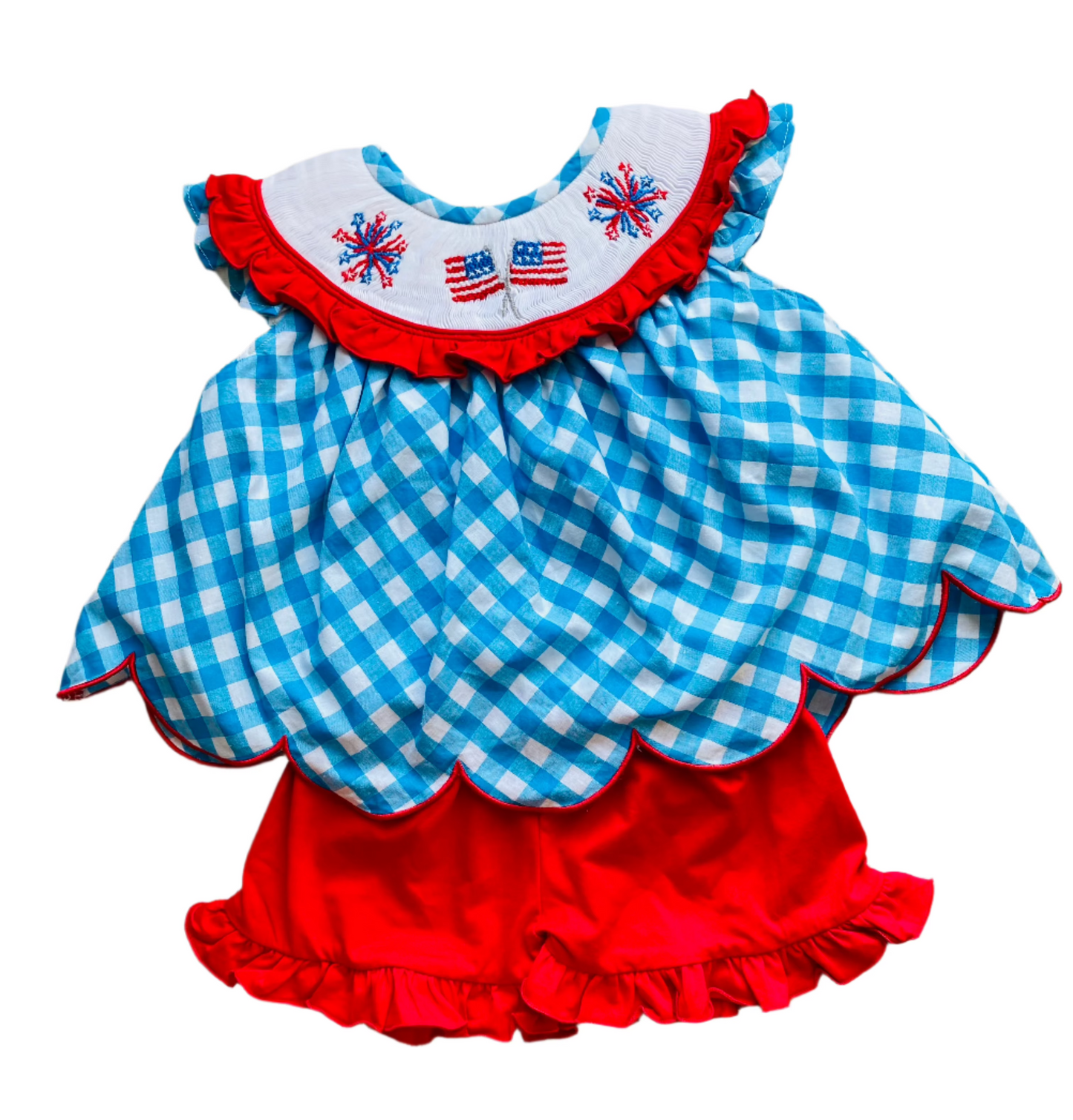 (NEW) Stars and Stripes Smocked Short Set, Blue