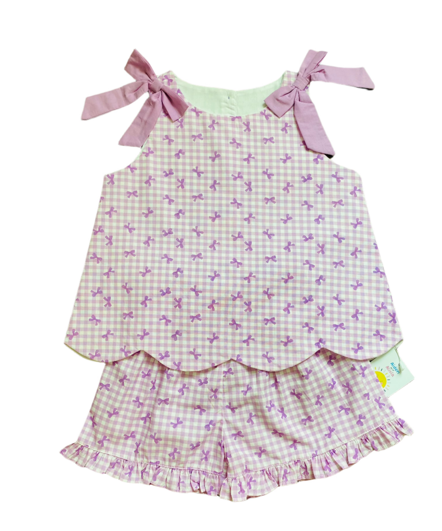Gingham Tie Short Set, Purple