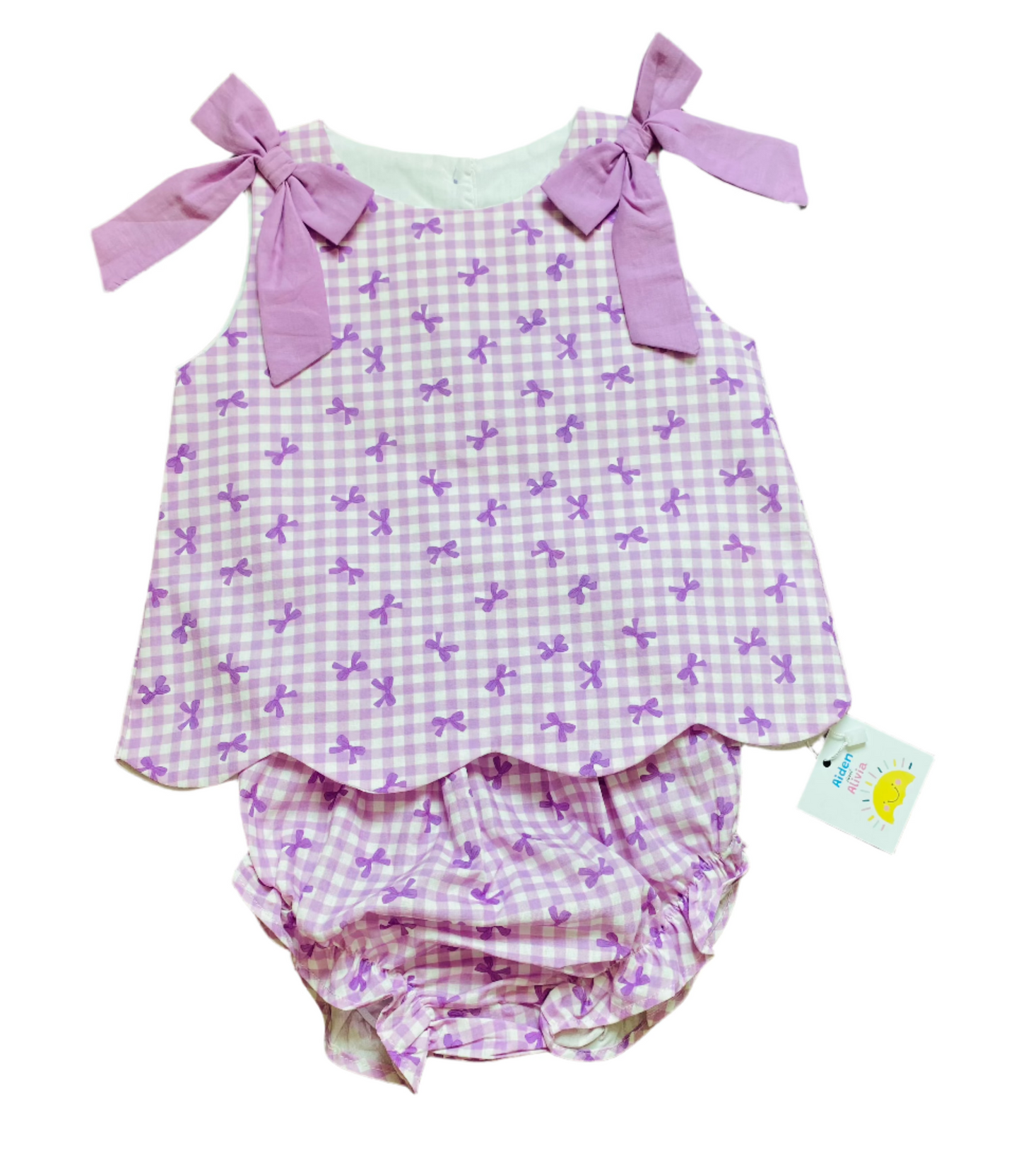 Gingham Tie Diaper Set, Purple